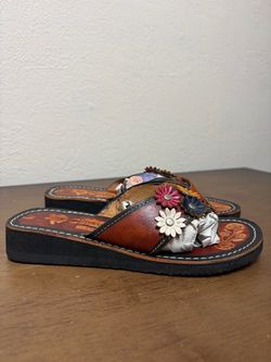 Leather Floral Slide Sandals