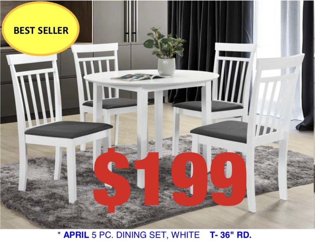 36" round diameter dining set. Available in white & grey. Assembly required.  Assembly not included.  Tax included.  Free local delivery. -$199.