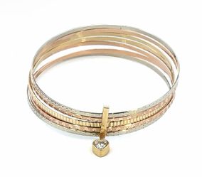 Woman’s Ladies 14k Tricolor Rose White Yellow Gold 7 Day Band Bangle Bracelet With CZ Dangle Heart GP3115232