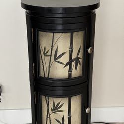 2 Door Round Wood Cabinet Table with Bamboo Leaf Design
