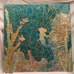 Large 32"x 32" Mixed Media Painting Resin Art Mermaid Aquatic Marine Reef Signed Fish Sea Siren Underwater Ocean Mythical Coastal 010