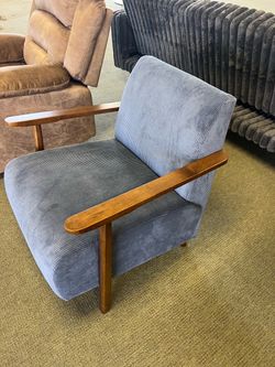 New Cool Blue Corduroy Accent Chair with Wood Arms