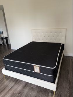 Queen Upholstered Bed Frame + Comfo-Pedic Mattress | Like New