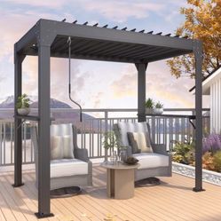 Grill Pergola with Adjustable Louvered Roof, Aluminum Gazebo with 2 Shelves & Rain Gutter, Weatherproof Outdoor Shelter for BBQ & Patio