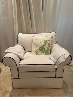 Ethan Allen Oversized White Armchair with Navy Piping