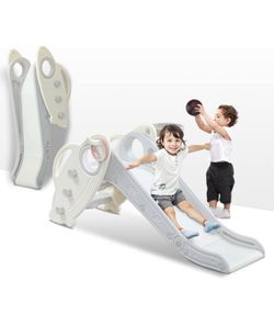 New! Kids Slide for Toddlers Age 1-3 Indoor Baby Plastic Slide Outdoor Climber Freestanding Playset with Basketball Hoop & Ring Game Grey