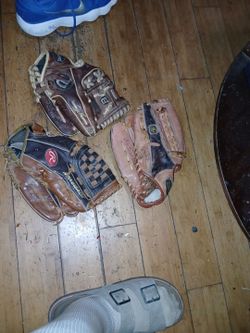 Lot of 3 Used Leather Baseball Gloves