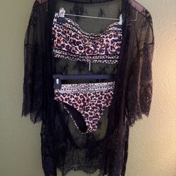 Bikini Cheetah Size Small Tube Too With Lace Stretch Both Top & Bottoms 