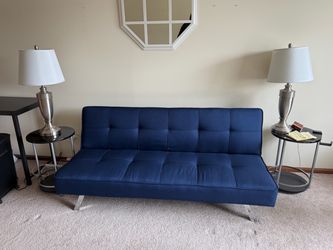 Blue Tufted Futon Sofa with Chrome Legs
