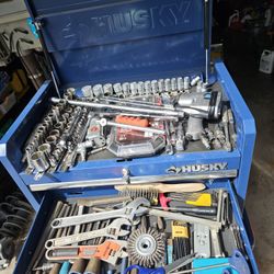 Husky Heavy Duty Rolling Toolbox Full With Mostly USA Tools Including Keys And Shop Power Drill 12 Speed And Shop Vise All You Need For Shop Or Home 