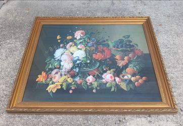 Still Life Flowers and Fruit by Severin Roesen Fine Art Print 41.5" x 33" Gold Gilt Frame *100.00*