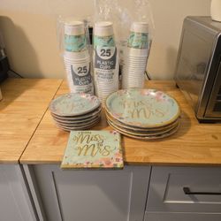 Bridal Shower Plates And Cups And A Package Of Napkins 