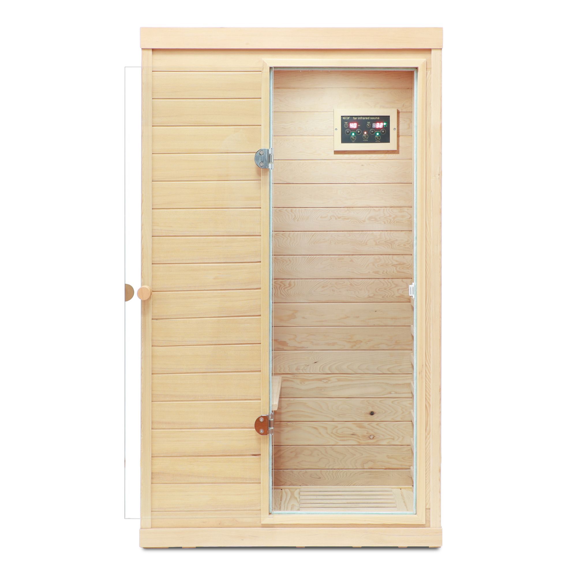 Hemlock Mini one person far infrared door on the Right of the indoor sauna room
