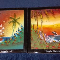 2 - Hand Painted Mexico Tile One signed PUERTO VALLARTA Zulo