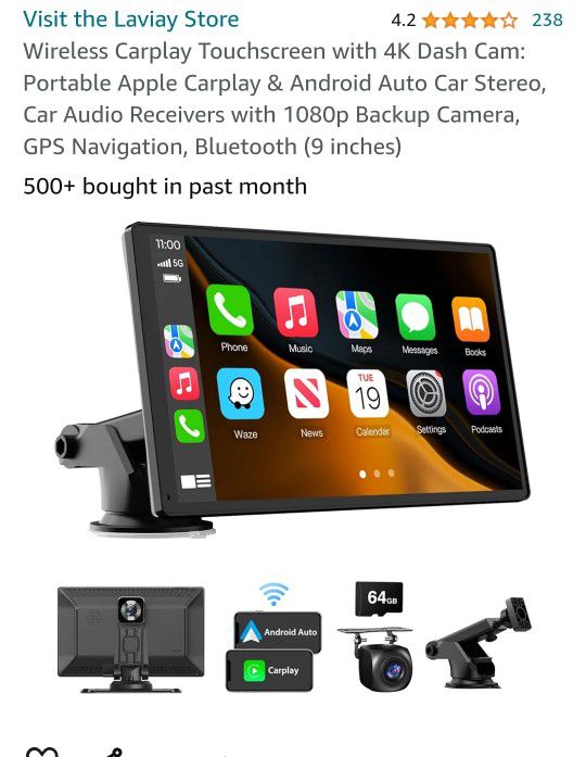 Wireless Carplay Touchscreen with 4K Dash Cam: Portable Apple Carplay & Android Auto Car Stereo, Car Audio Receivers with 1080p Backup Camera, GPS Nav