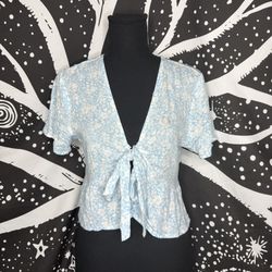 Pacsun LA Hearts Shirt Womens S Blouse Short Sleeve Blue Floral Tie Front