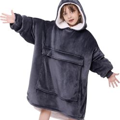 Wearable Blanket Hoodie Kids, Oversized Blanket Sweatshirt with Sherpa for Kids, Youth, Boys, Girls, Warm Teen Wearable Blankets, One Size, Grey