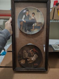 Vintage Norman Rockwell Collector Plate Lot + Centennial 3D Plates + Display Frame