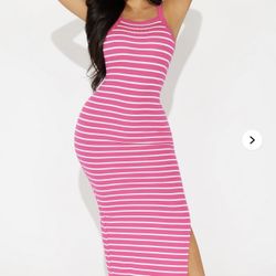 High Neck Rib Striped Maxi Dress - Raspberry Medium 