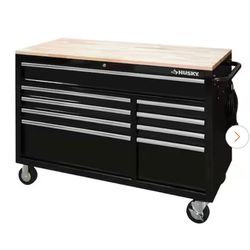 NEW IN BOX Husky 52 in. W x 25 in. D Standard Duty 9-Drawer Mobile Workbench Tool Chest with Solid Wood Top in Gloss Black
