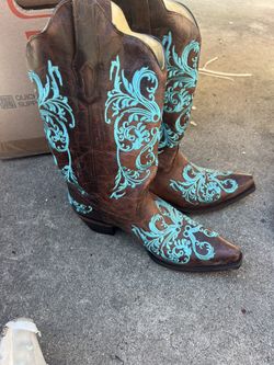 Corral Ladies Brown/Turquoise Dahlia Embroidery Leather Cowboy Boots 