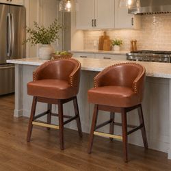 26.4"H Swivel Faux Leather Upholstered Solid Wood Counter Stools - Set of 2 - 26.4''-Brown Cushion+Brown Legs