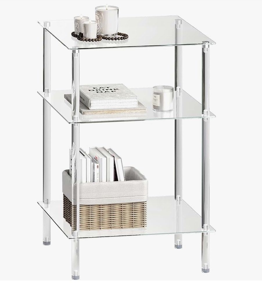 )121212-7) Tempered Glass Side Table, Acrylic End Table, 3-Tier Transparent Nightstand, Clear Coffee Table, for Small Spaces Living Room Bedroom Balco