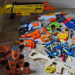 Lot Of 10 Nerf Dart Guns And Darts And Rubber Band Gun And Foam Targets