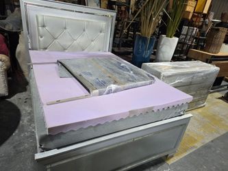 Silver Tufted Upholstered Bed set with dresser