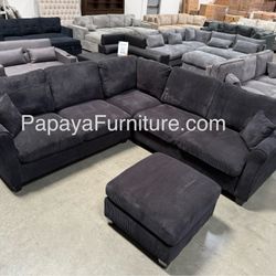 New! Black Sectional Sofa And Ottoman, Black Couch, Black Corduroy Sectional. L-Shaped Sofa, Couch, Sectionals, Black Sofa, Black Sectional,Plush Sofa