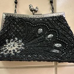 Elegant Black Beaded Bejeweled Clutch Evening Bag With Clasp