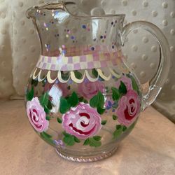 Hand Painted frosted glass pitcher with soft pink roses. 2 quarts