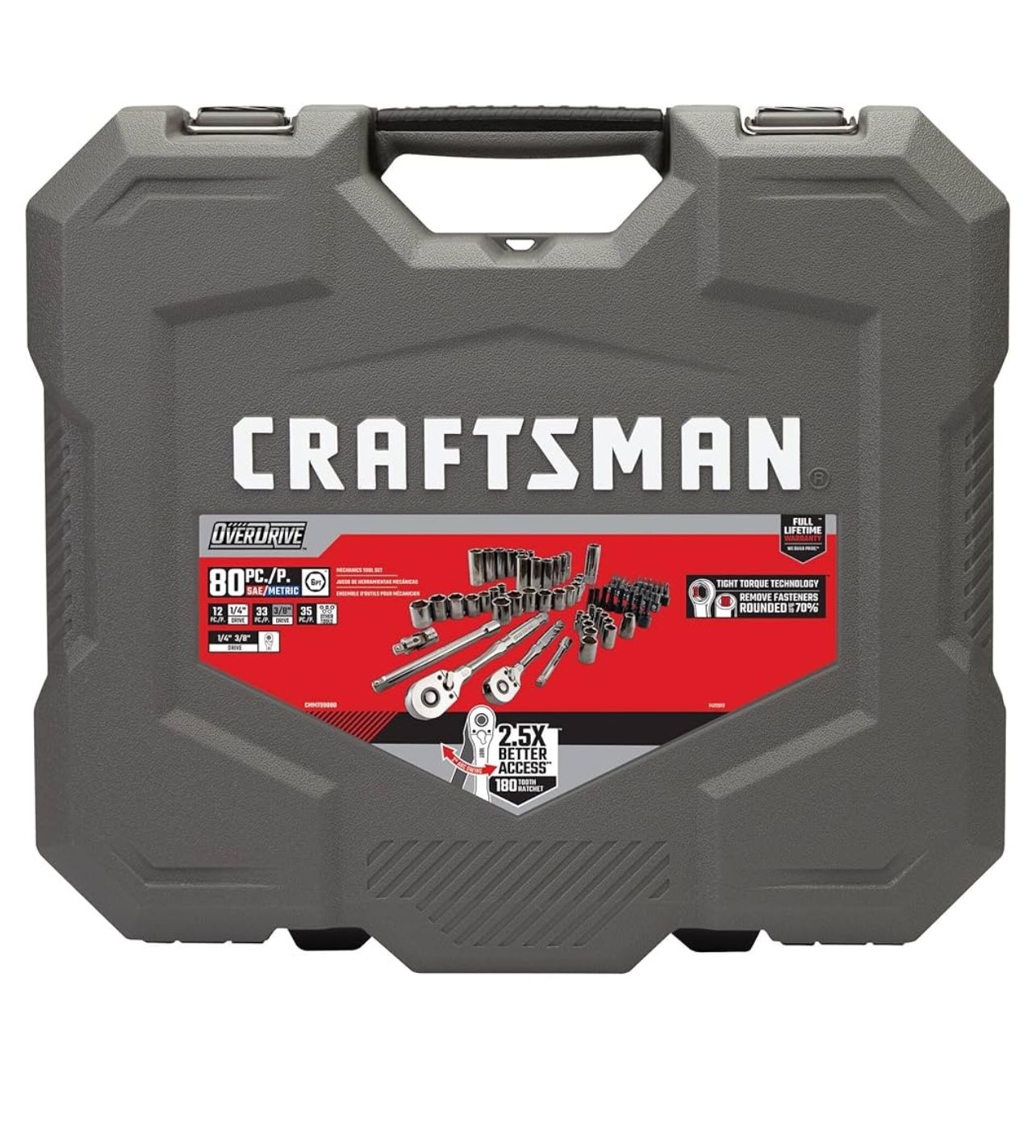 CRAFTSMAN OVERDRIVE - Juego de herramientas mecánicas de 80 piezas, color bronce y cromado, juego de enchufes estándar SAE/métricos, con estuche rígid