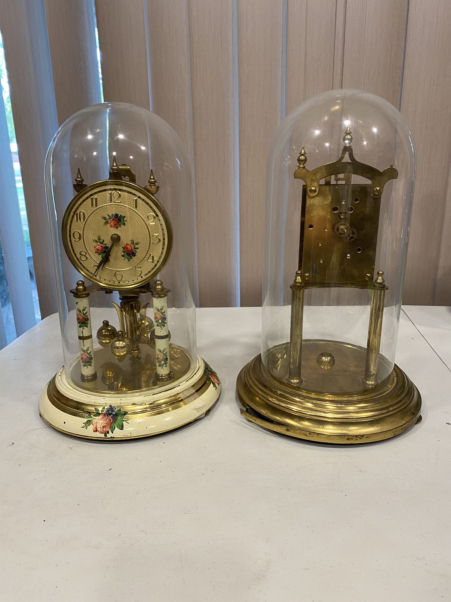 2 Vintage Anniversary Clocks & Movements with Glass Domes – 1 Restoration Project - 1 Complete