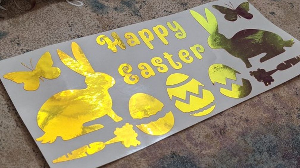 Happy Easter Adhesive Vinyl Decal Stickers - Easter Eggs, Bunny, Butterfly, Carrots. Custom Cut.