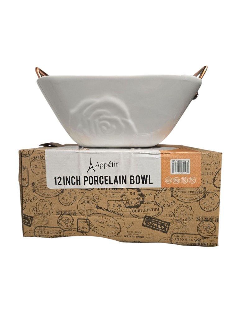 Appétit 12" White Porcelain Bowl with Copper Handles Embossed Rose New in Box