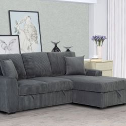 🔹Dark Gray Fabric RHF Pull Out Sectional Sofa & Storage