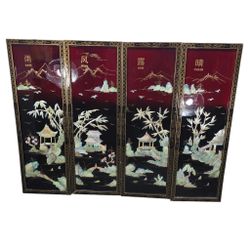 VTG Chinese Lacquer Wall Art 4 Panels Mother of Pearl Rain Wind Dew Clear Red