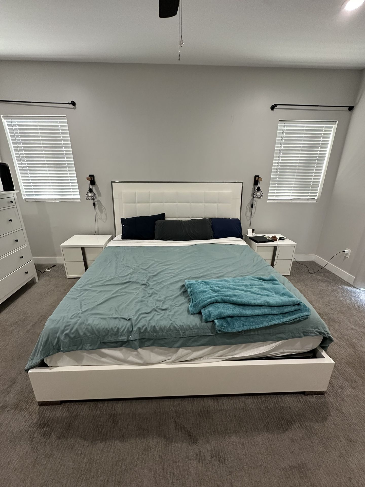 Bedroom Set. King LED Light Up Bed frame, 2 Night Stands, Dresser.