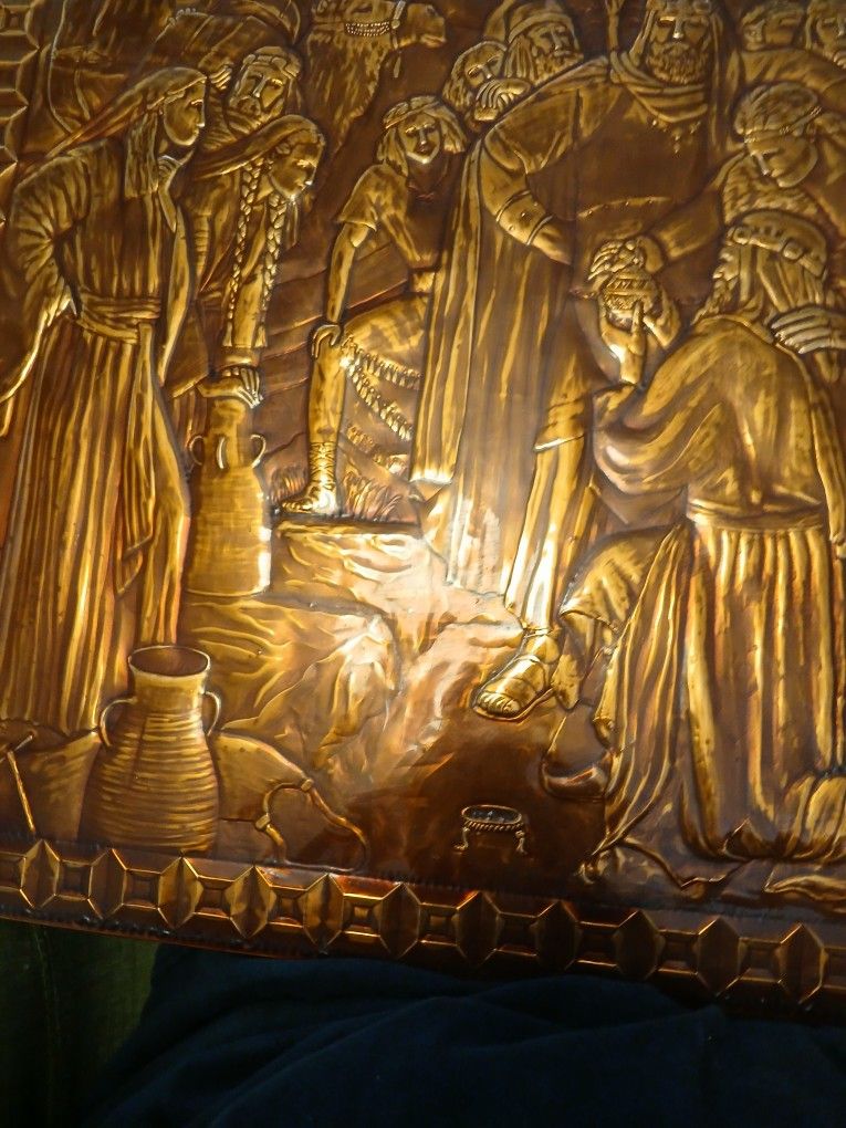 Copper Embossed Relief Of Religious Scene Signed 