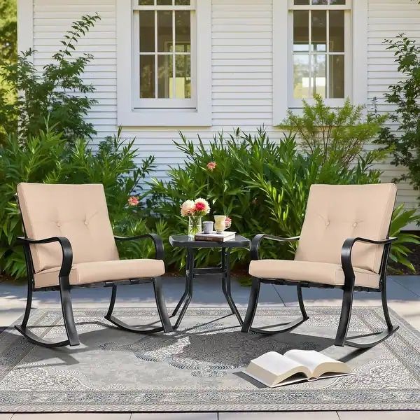 3-piece Outdoor Patio Rocking Chairs Conversation Bistro Set - Brown