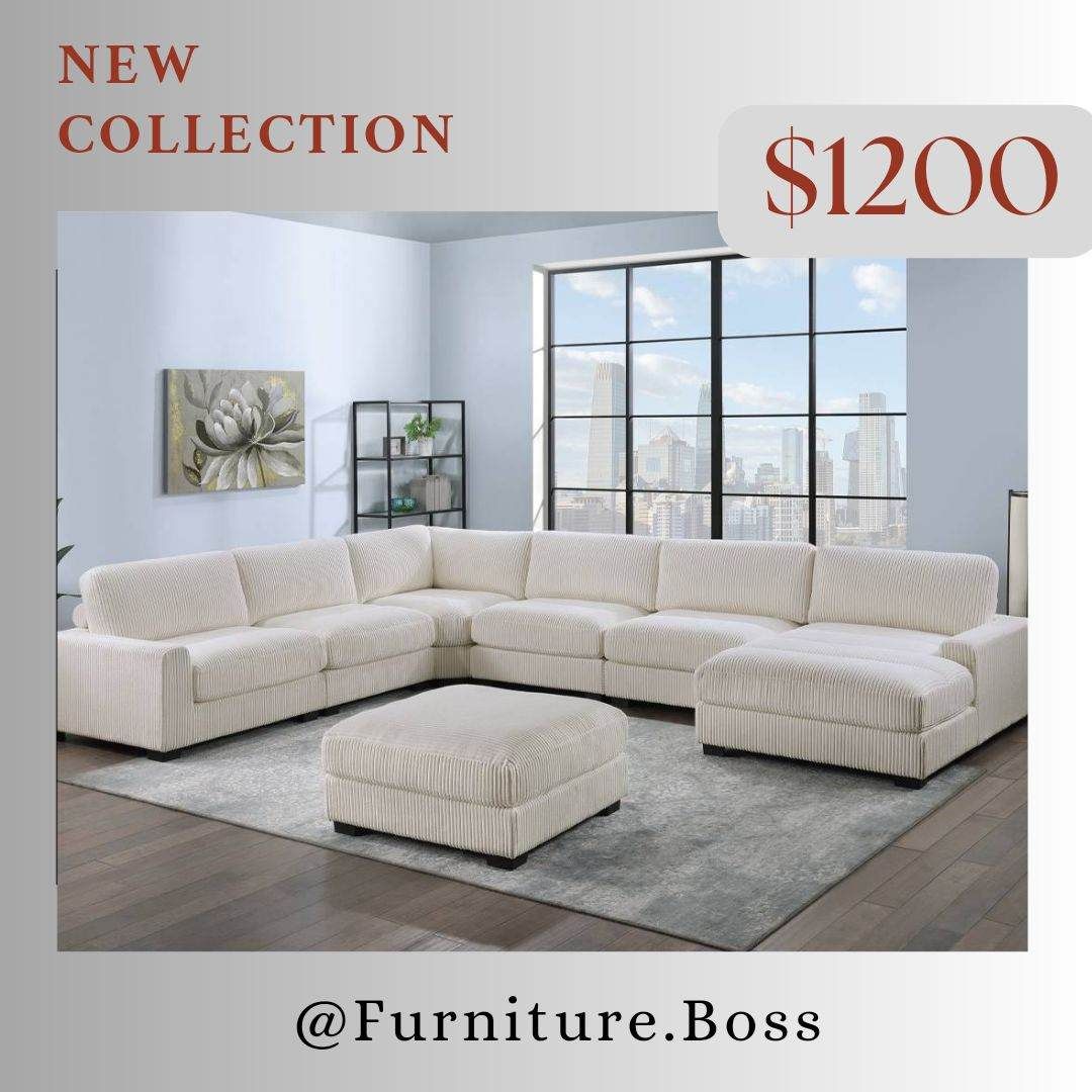 Extra Large Sectional Sofa - Plush Cream Corduroy Fabric - Deep Seating