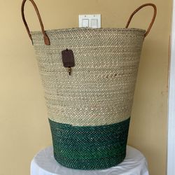 Large Hand Woven Laundry Basket - Elephant Grass Basket - Versatile Blanket Holder - Leather Laundry Bin - Woven Blanket Basket
