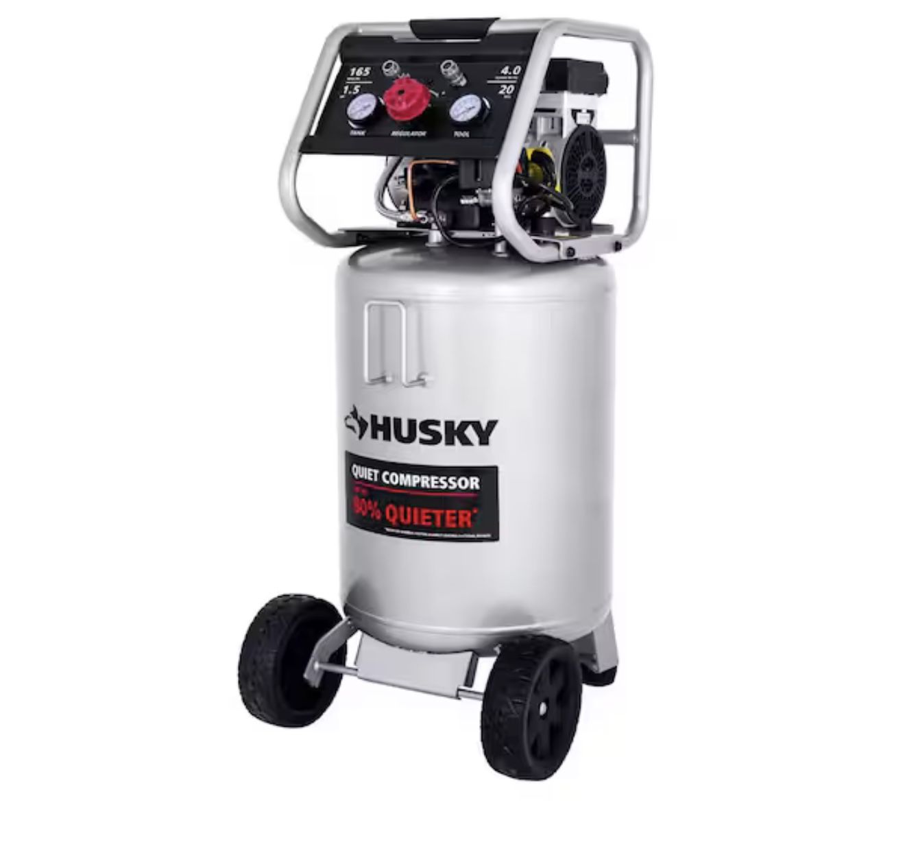 Husky 20 Gal. 165 PSI Vertical Electric Oil-Free Quiet Auto/Workshop Air Compressor with Dual Gauges and 2-Quick Couplers