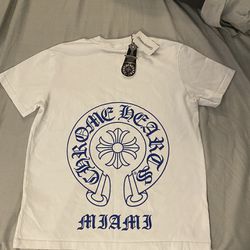 Chrome Hearts T Shirt, Large, White With Miami Blue Logo