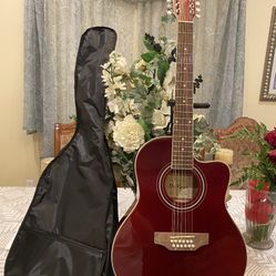 burgundy de rosa 12 string electric acoustic guitar with case cable and strap