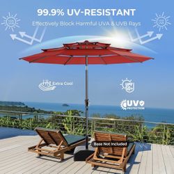 9FT 3-Tiers Outdoor Patio Umbrella with 5-Year Fade Resistant,Vented Outdoor Umbrella with UPF50+ UV Protection & Push Button Tilt and Crank for Pool,