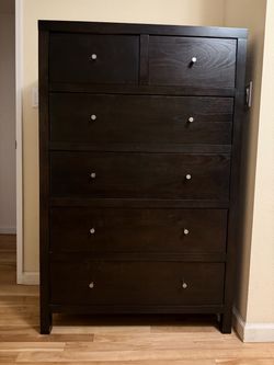 Dark Brown Tall Wood Dresser 6 Drawers