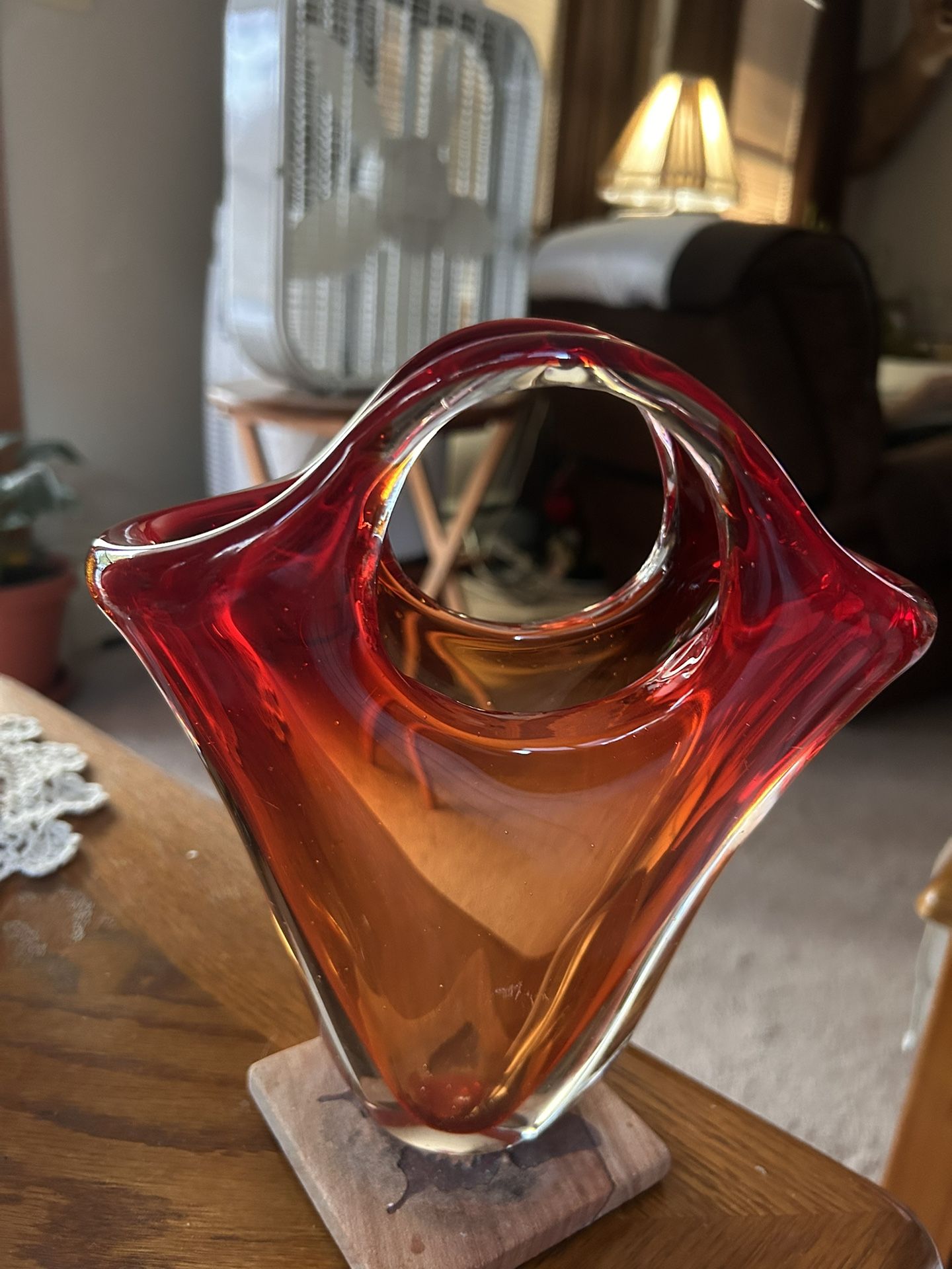 Murano Sommerso Glass Basket Vase Red Amber Ombre Double Handle Abstract Art