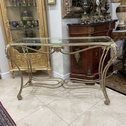 Superb Mid Century Scrolled Golden Brass Glass Top Console Table in Aged Brass Finish🌷